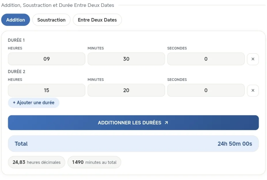 Addition de durées en heures, minutes et secondes avec Mauricette Calculette