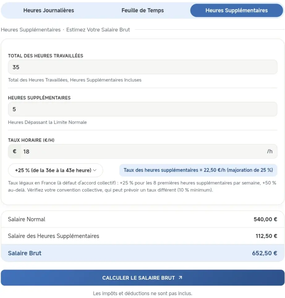 Calcul des heures supplémentaires et du salaire brut avec Calculatrice Mauricette