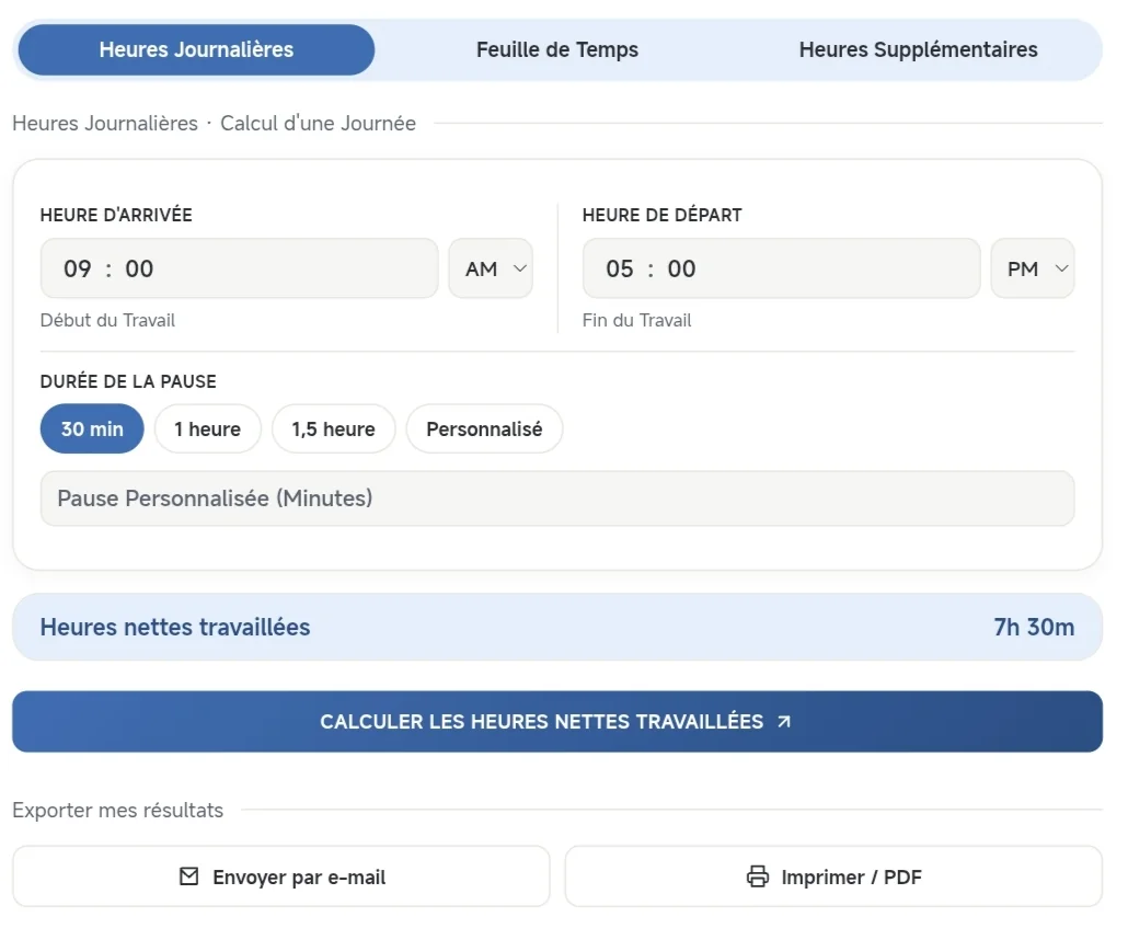Calcul du temps de travail journalier avec Calculette Mauricette