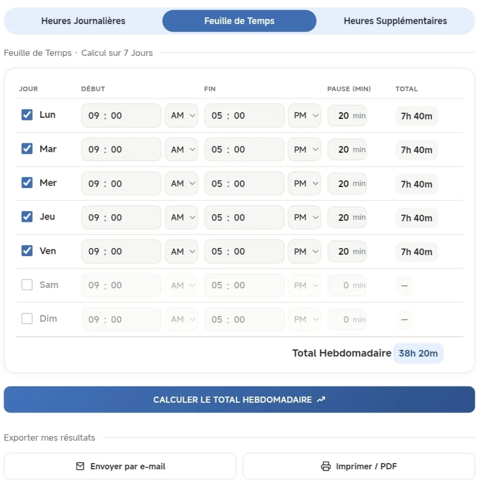 Feuille de temps hebdomadaire pour calculer les heures travaillées