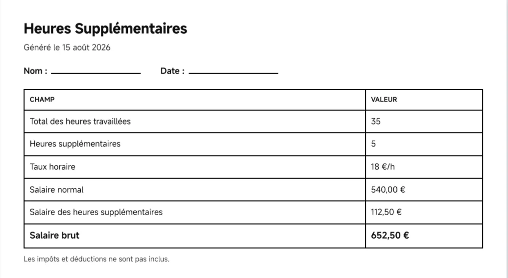 Résultat du calcul des heures supplémentaires à imprimer en PDF